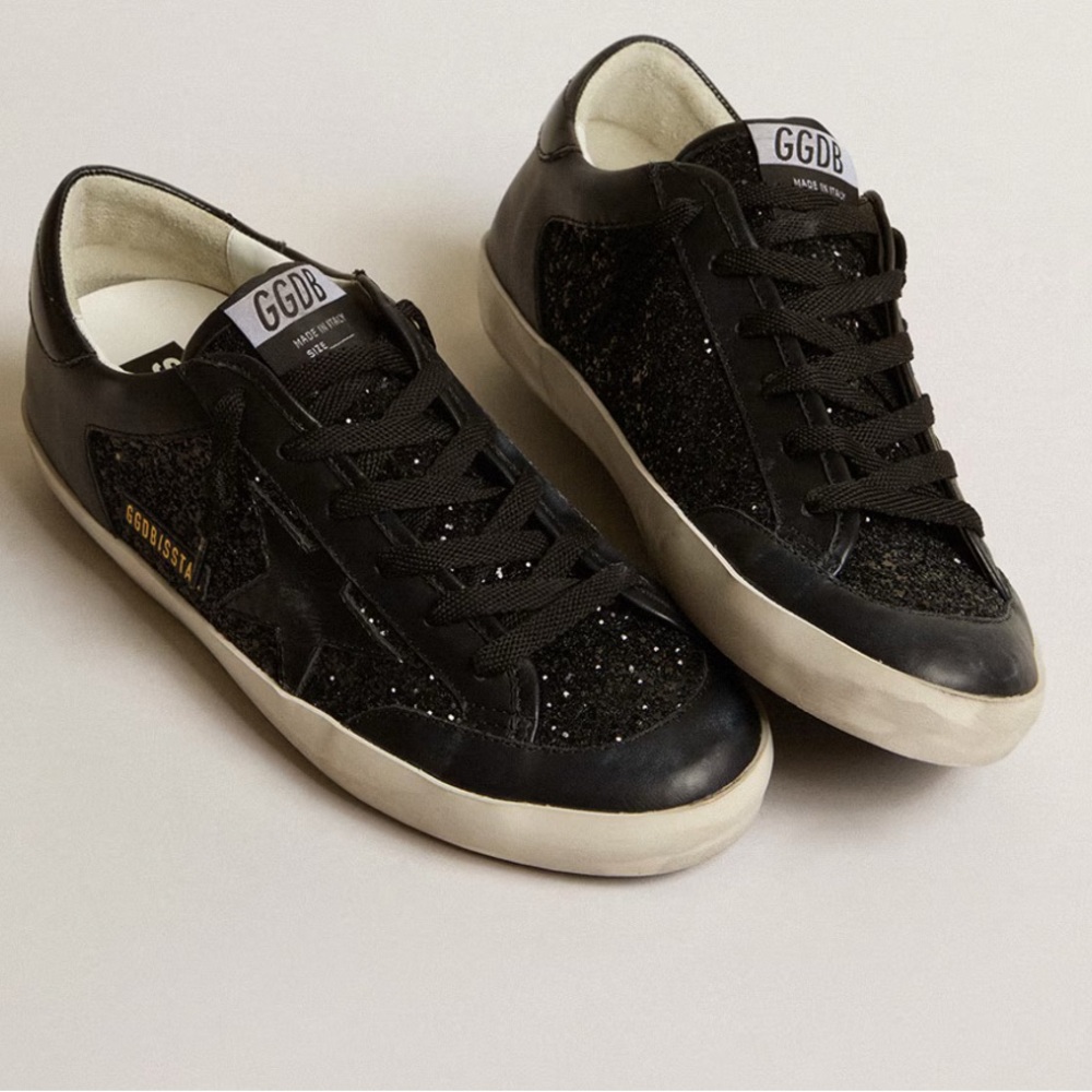 NWOT Limited Edition Golden Goose Black Nappa Superstar Glitter Star Shoes SZ 40 - Picture 2 of 16